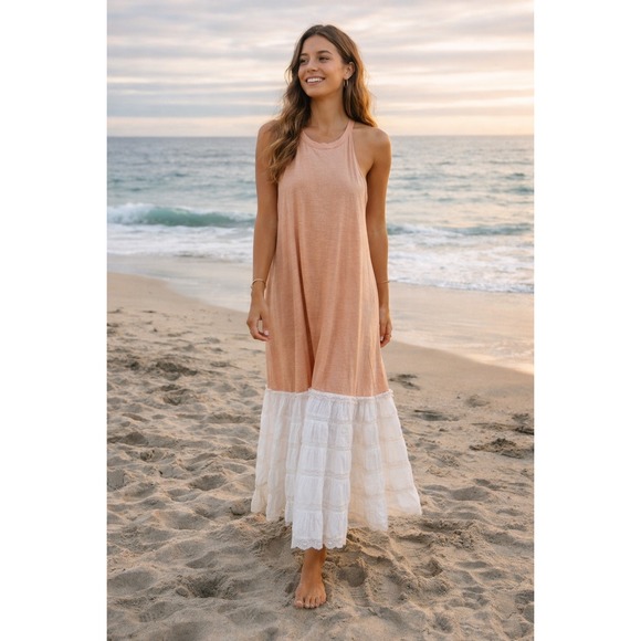 Intimately Free People Peach Sleeveless Drop Waist Lace Tiered Maxi Dress Size M - Picture 6 of 6